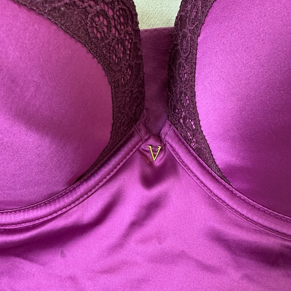 Victoria's Secret Bombshell Plunge Bra Corset Bustier Size 34C Plum Satin Pushup - Picture 2 of 12
